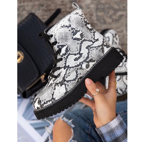 Shoes - Ivory Snake Print Lace Up Combat Boots